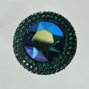 Vintage Weiss Brooch Blue Aurora Borealis AB Glass Green Rhinestone Circle Dome